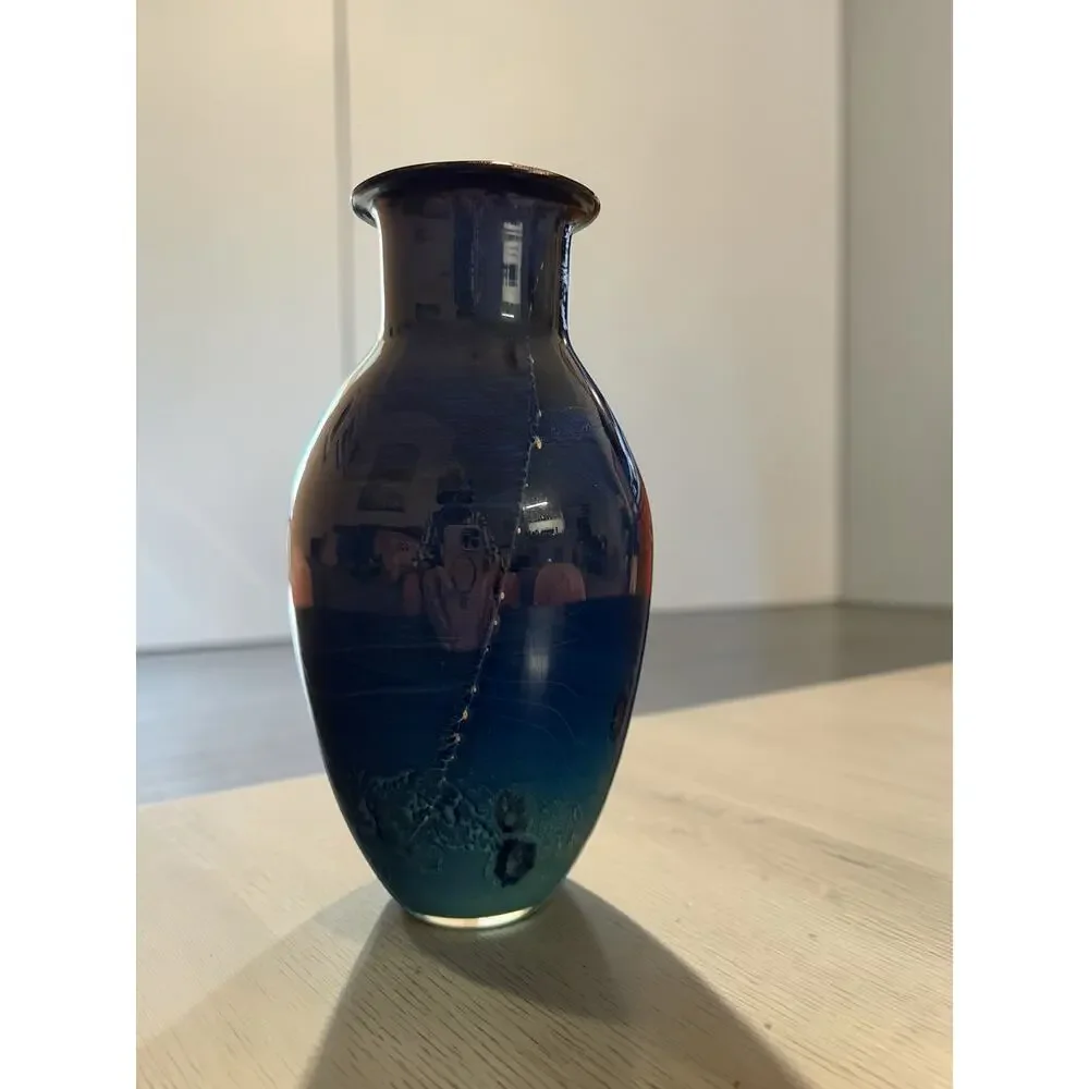 Josh Simpson Signed 2000 Blue New Mexico Art Glass Vase - 12